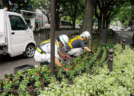 写真：花苗を植え付ける宮城県造園建設業協会の皆さん